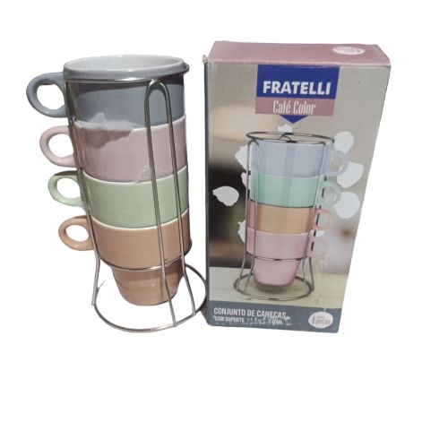 CJTO CANECA 210ML 4PÇS CAFE COLOR COM SUPORTE FRATELLI